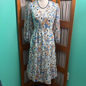 Joie Long Sleeve Dress with Blue and Orange Floral Pattern